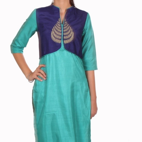 Aurelia Kurta NEW Teal Blue Gold Detailed Front Half Sleeve Tunic Open Side - Picture 3 of 12